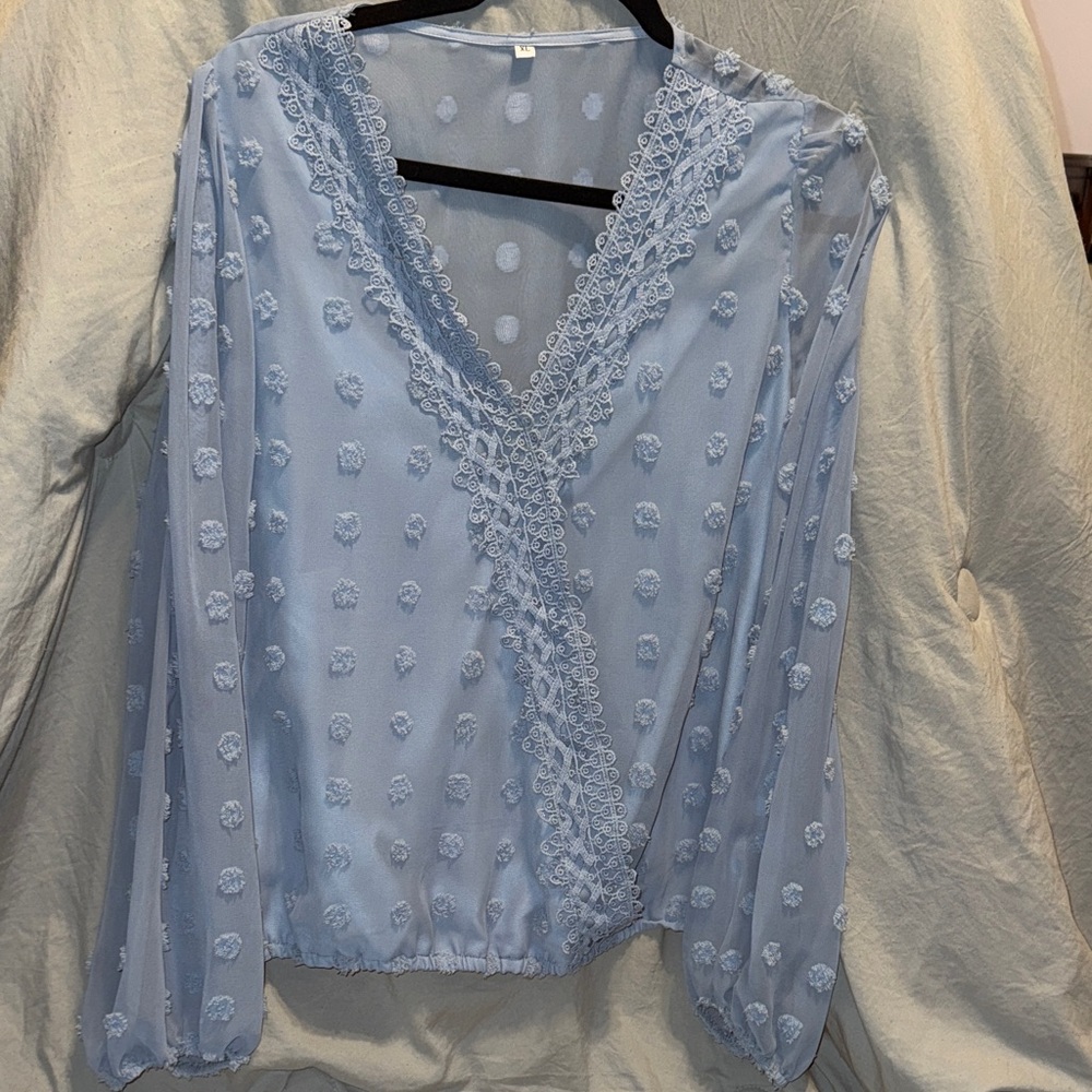 Light Blue Lace-Trim Swiss Dot Blouse
